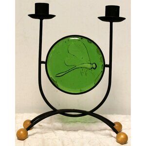 Black Metal Double Taper Dinner Candle Holder Green Glass Dragonfly Decor